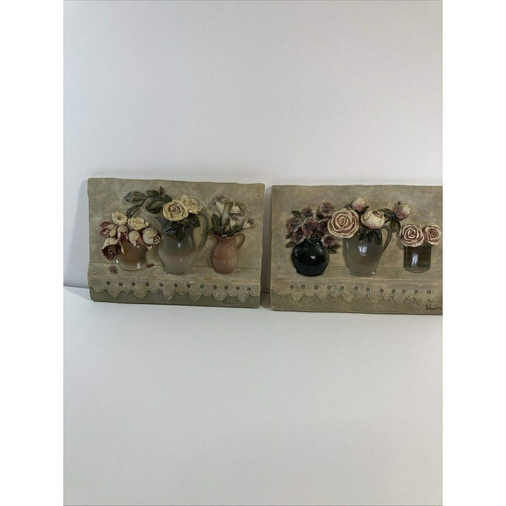Pair (2) Vintage Cheri Blum 3D Wall Art Plaque Floral Pots Vases Signed